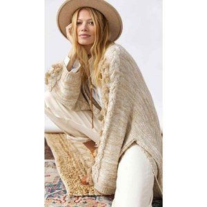 Anthropologie Amanza Fringe Cable Knit Oatmeal Open Front Cardigan Sweater OS L
